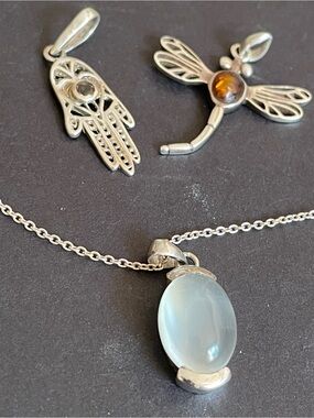 Lots of 3 silver pendant with stones and silver chain .